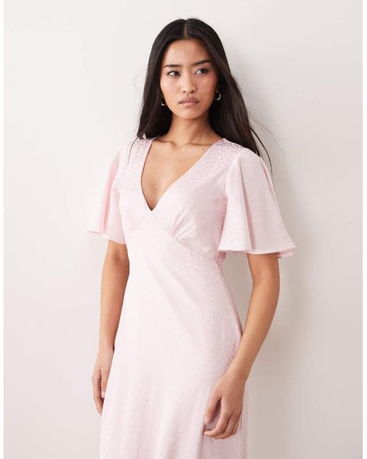 LACE & BEADS Pink Satin Jacquard V Neck Ruffle Hem Maxi Dress