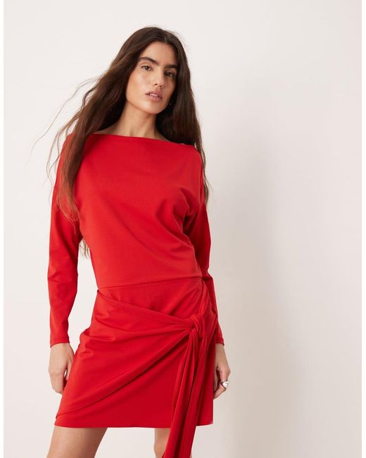 Abercrombie & Fitch Red Slash Neck Long Sleeve Mini Dress With Tie Up Front Detail