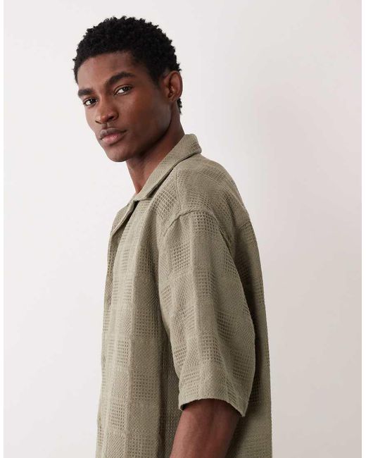 ASOS Natural Oversized Half Sleeve Revere Grid Textured Shirt for men