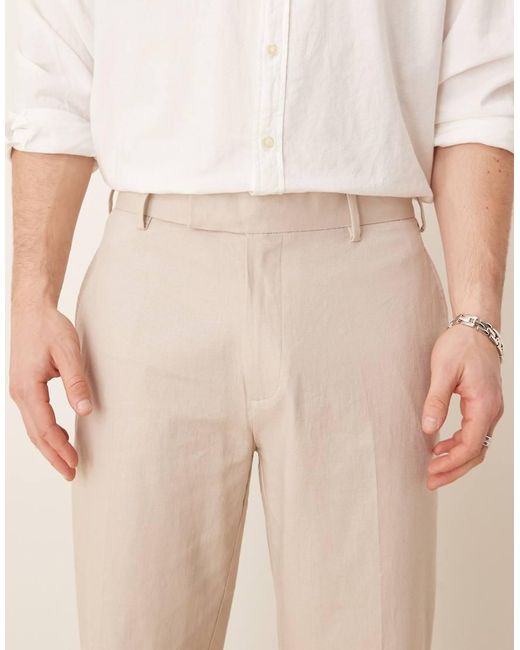 ASOS Natural Smart Straight Leg Linen Blend Trousers for men