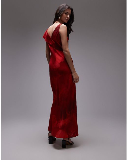 topshop red silk dress TOPSHOP Asymmetric Neck Bias Cut Midi Dress in Red