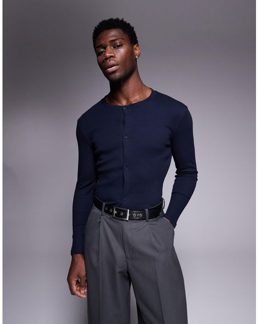 ASOS Blue Muscle Fit Boxy Button Up Long Sleeve Rib T-shirt for men