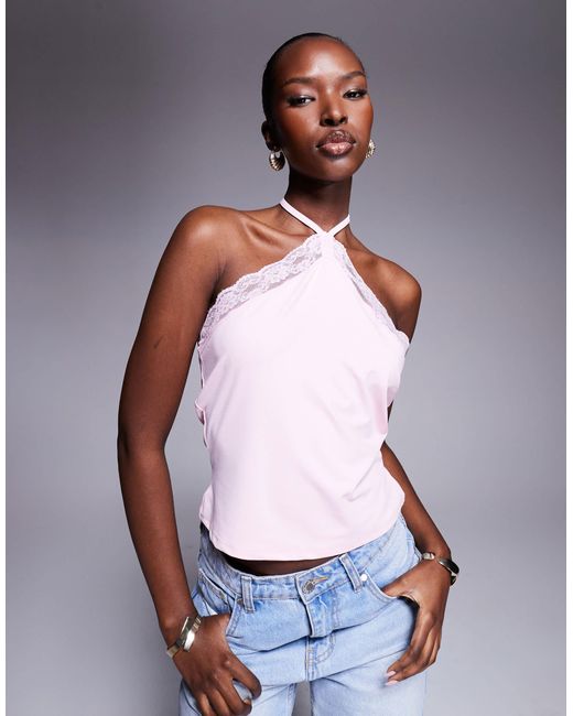 ASOS Gray Slinky Lace Trim Halter Top