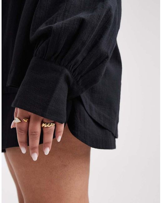 ASOS Black Asos Design Curve Biarritz Beach Textured Cotton Shirt Co Ord