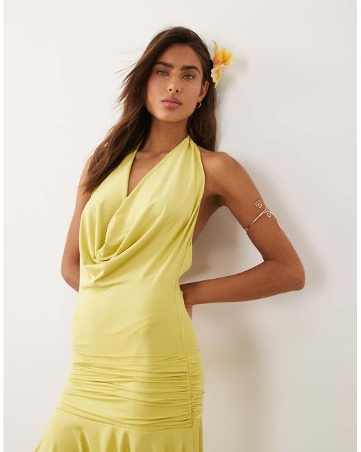 Murci Metallic Slinky Cowl Halterneck Plunge Detail Ruffle High-low Maxi Dress