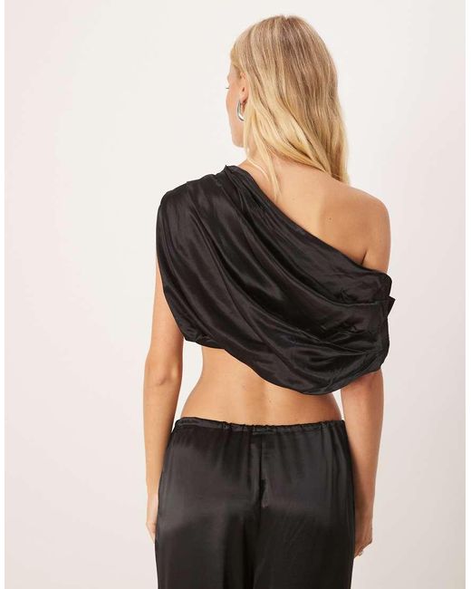 SNDY'S Black Satin One Shoulder Ruched Drape Top Co-ord