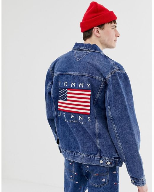 Tommy Hilfiger Blue Us Flag Capsule Back Logo Print Denim Jacket In Mid Wash for men
