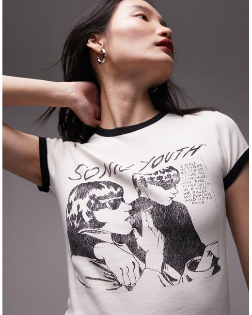TOPSHOP Gray Graphic License Sonic Youth Longline Tee Ecru