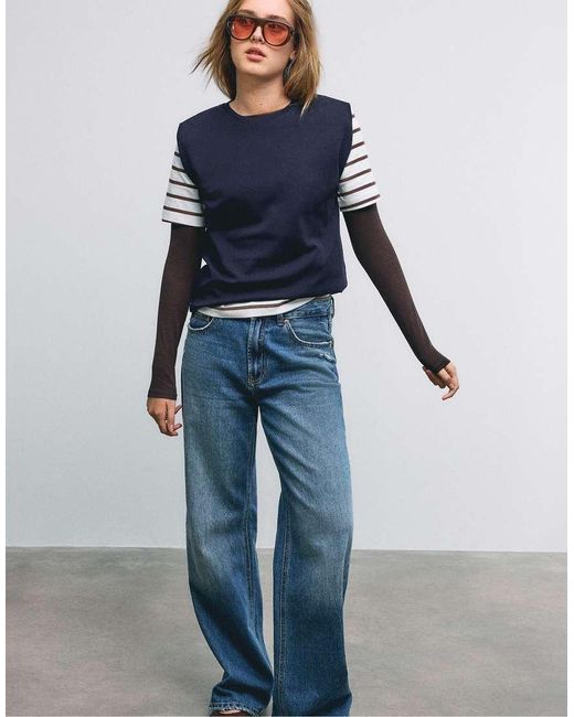 Stradivarius Blue Basic T-shirt With Padded Shoulders