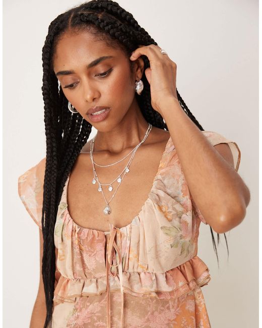 ASOS Natural – minikleid aus chiffon mit flatterärmeln und blumenmuster
