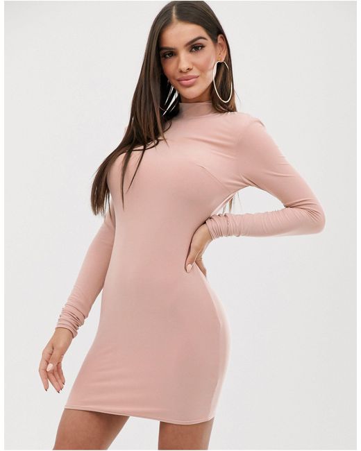 Club L London High Neck Long Sleeve Mini Bodycon Dress With Open Back Thong  Detail in Pink | Lyst
