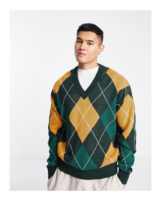 Jack & Jones – oversize-pullover aus jacquard mit rautenmuster in Green für Herren