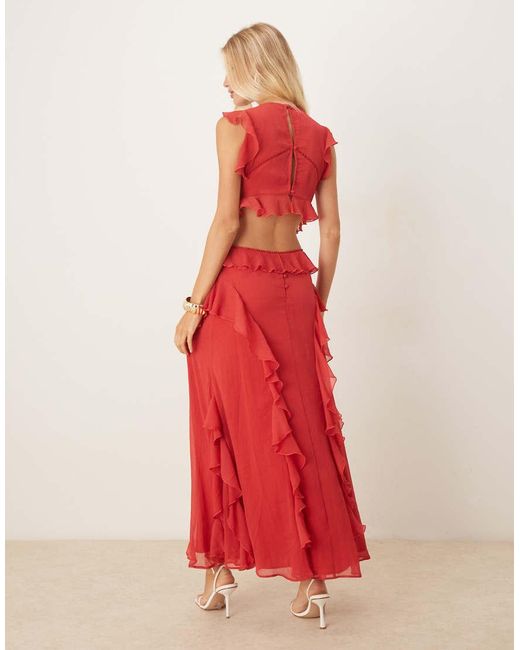 ASOS Red High Neck Ruffle Maxi Dress With Lace Inserts