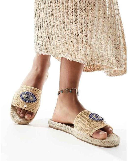 South Beach Natural Evil Eye Embellished Espadrille Mule Sandals