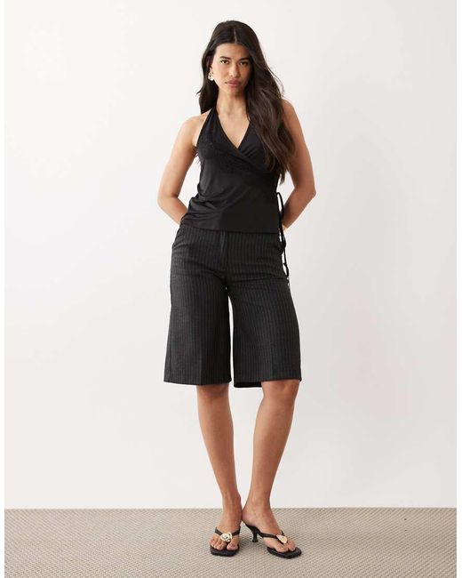 ASOS Black Wrap Around Halter Top With Lace Trim