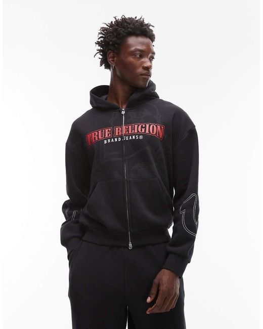 True Religion Black Big T Logo Detail Zip Through Hoodie for men