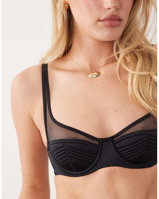 ASOS Black Pamela Satin & Mesh Quilted High Apex Balcony Underwired Bra