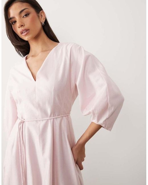 Forever New Pink Linen V Neck Tie Detail Midi Dress