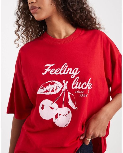The Frolic Red Cotton Rich 'feeling Lucky' Cherry Graphic Oversized T-shirt