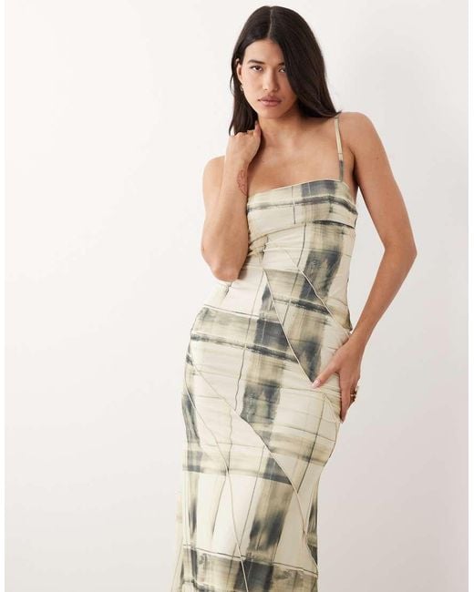 ASOS Natural Spliced Printed Check Cami Maxi Dress