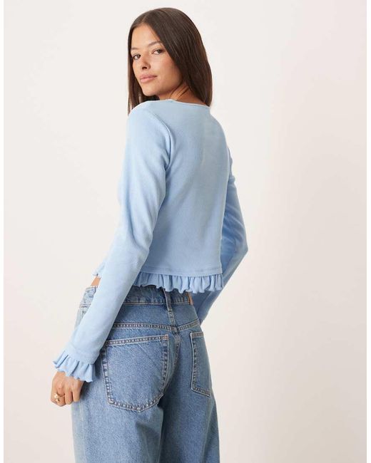 ASOS Blue Mini Rib Frill Hem Button Through Top
