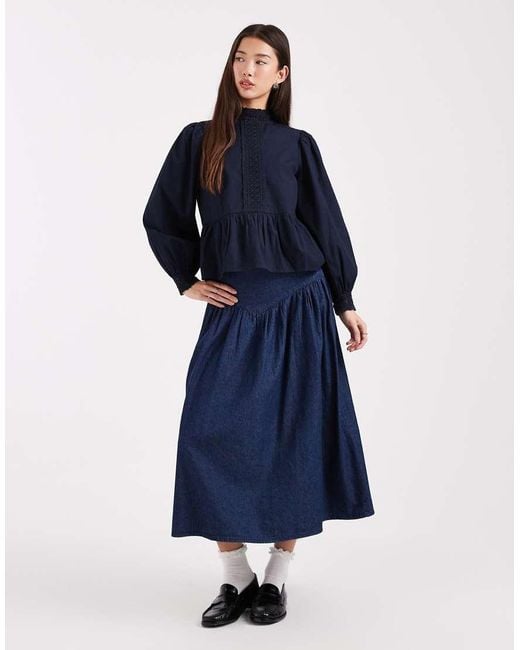 Wednesday's Girl Blue Lace Detailed Long Sleeve Top