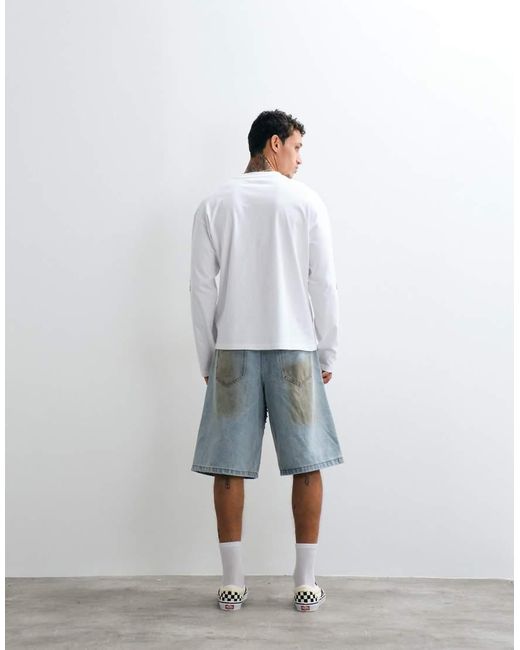 Liquor N Poker Blue Denim Jorts With Total Stud Detail for men