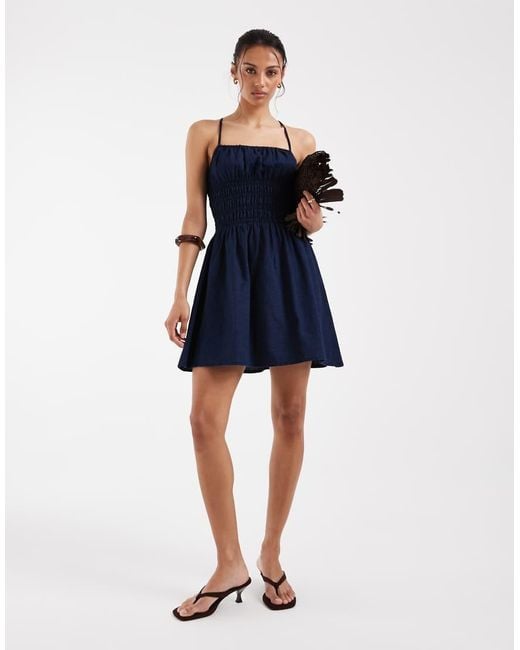 ASOS Blue Denim Shirred Mini Dress