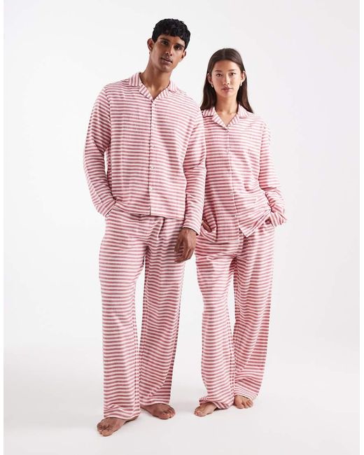 ASOS Gestreepte Geborstelde Pyjamaset in het Pink voor heren