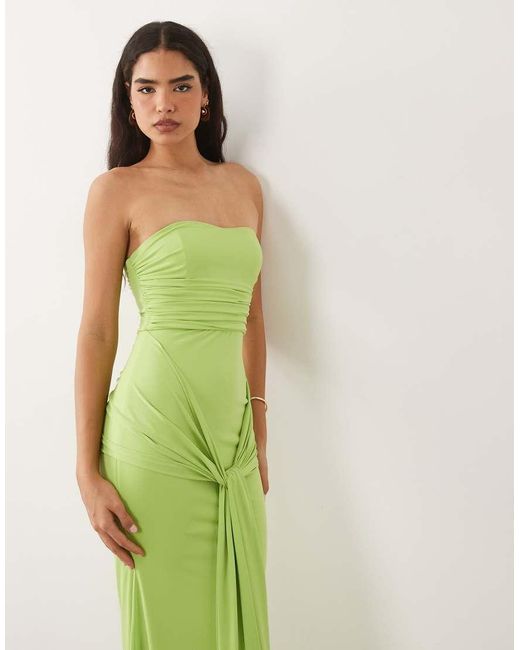TFNC London Green Slinky Bandeau Ruched Knot Front Maxi Dress