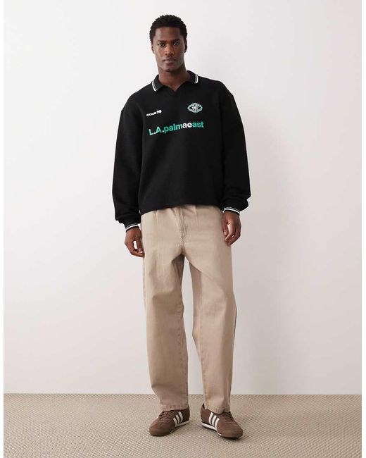ASOS Black Relaxed Textured Rugby Polo Sweatshirt With Graphic for men