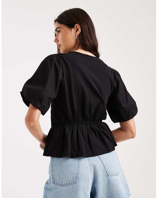 Threadbare Black Jersey Puff Sleeve Peplum Top With Shirring