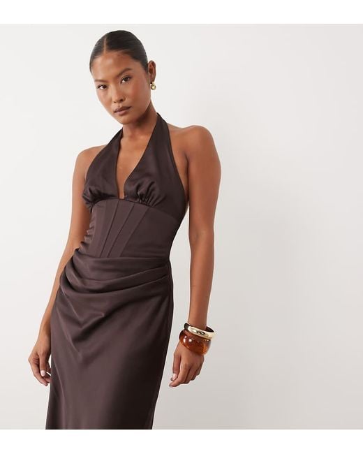 Forever New Brown Satin Plunge Corset Detail Bias Maxi Dress