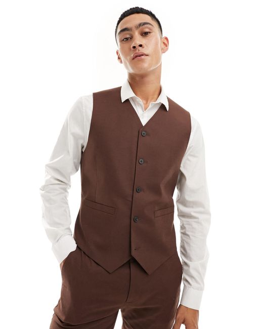 ASOS Brown Skinny With Linen Suit Waistcoat for men