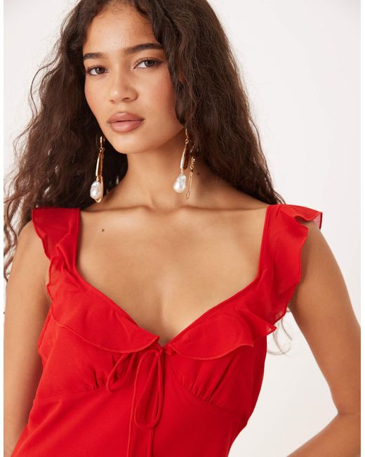 Robe mi-longue avec manches à volants et liens sur le devant Mango en coloris Red