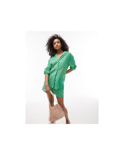 TOPSHOP Linen Look Beach Shirt And Short Set in Green | Lyst