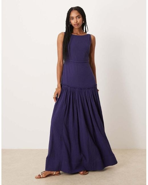 ASOS Blue Laundered Slash Neck Maxi Dress With Seaming Detail