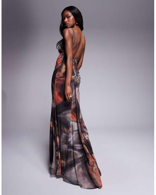 ASOS Purple Mesh Plunge Neckline Double Strap Maxi Dress With Sash