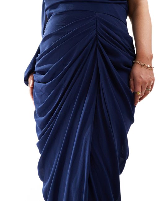 Tfnc Plus Blue Bridesmaid Chiffon Drape One Shoulder Maxi Dress