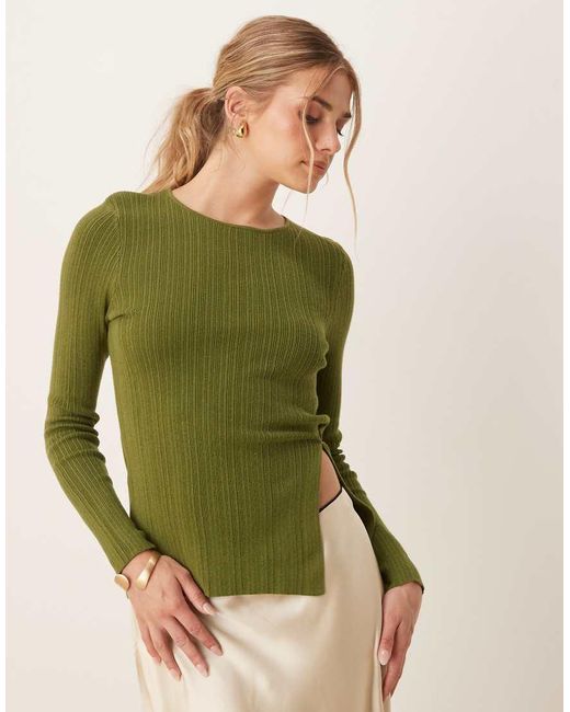 ASOS Gebreide Top Met Ronde Hals, Lange Pasvorm En Zijsplit in het Green