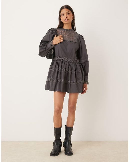 ASOS Gray Smock Mini Dress With Lace Inserts And Volume Sleeve