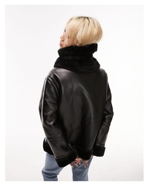Topshop Unique Black Faux Leather Shearling Zip Front Oversized Aviator Jacket With Double Collar Detail
