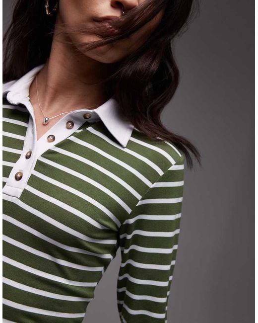 Top Stile Rugby Attillato A Maniche Lunghe Oliva A Righe di TOPSHOP in Green