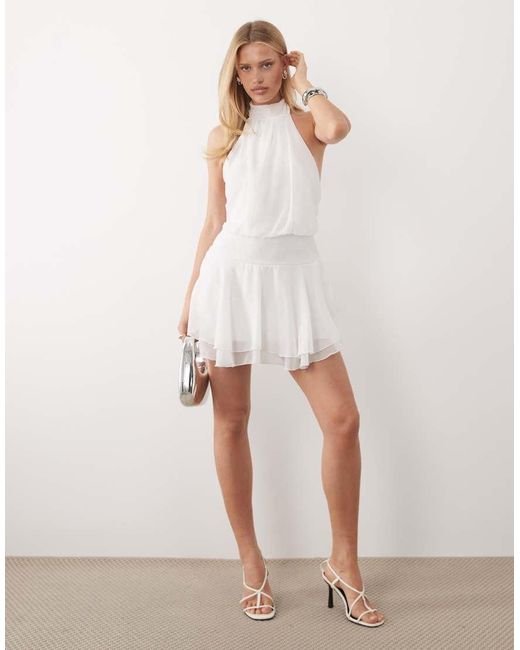 Fashionkilla White Chiffon Halterneck Foldover Detail Ruffle Skirt Mini Dress