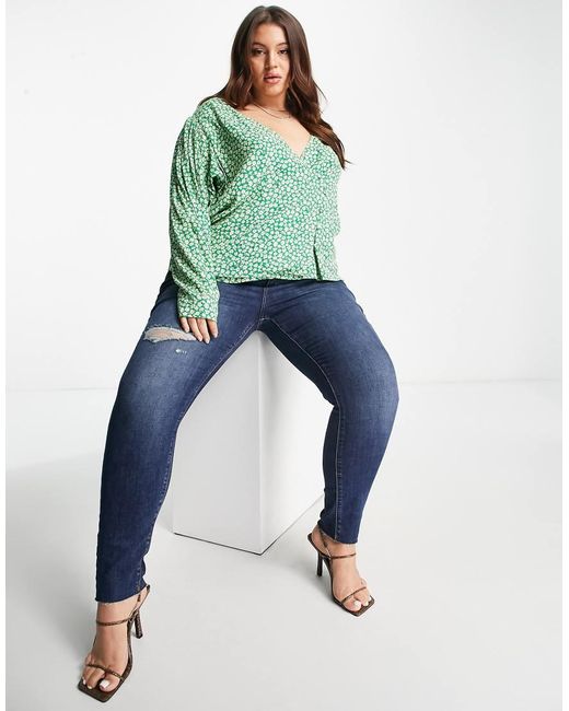 Mango Green Curve V Neck Blouse