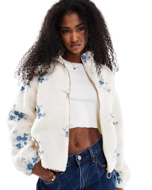 ONLY White Zip Through Teddy Embroidered Jacket