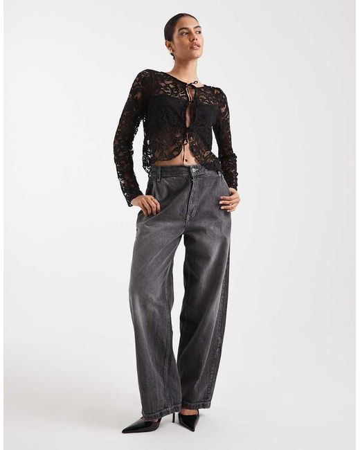 ASOS Black Lace Long Sleeve Tie Front Top
