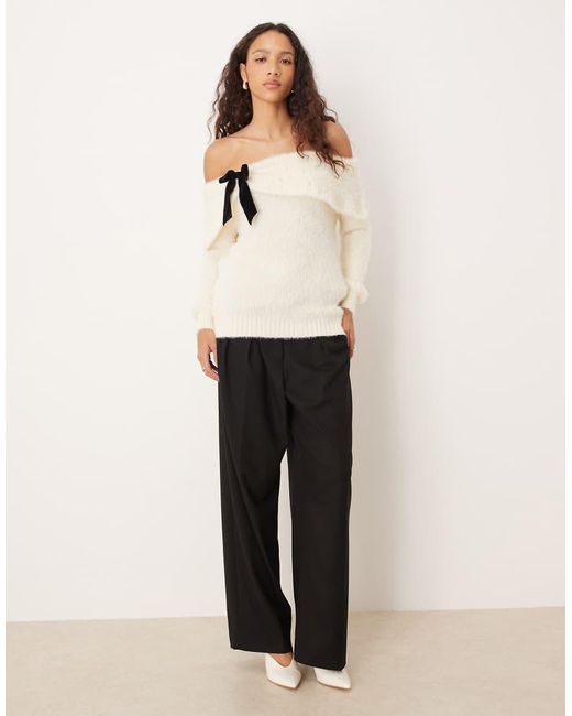 Lovedrobe White Pearl Embellished Velvet Bow Bardot Jumper