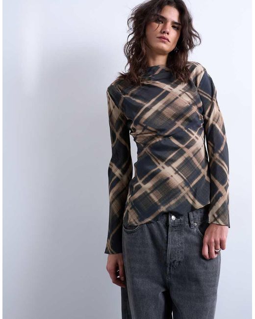 TOPSHOP Geruite Top Met Lange Mouwen in het Multicolor