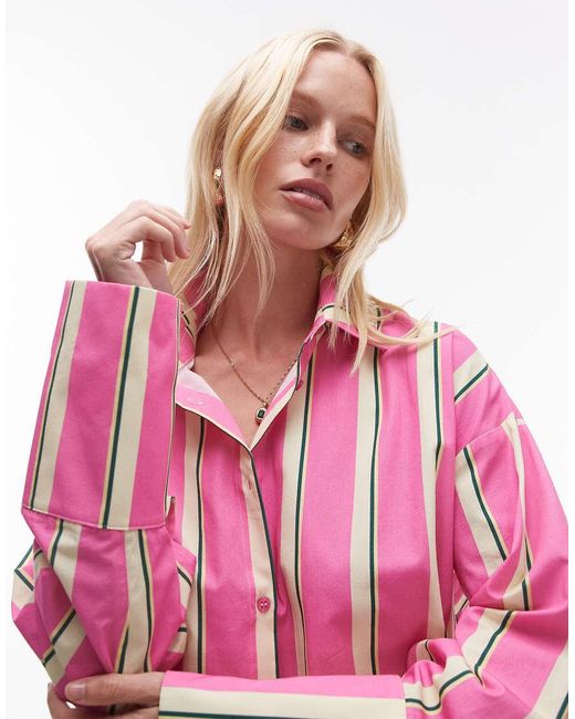 Camicia Oversize Con Polsini Ampi Rosa A Righe di TOPSHOP in Pink